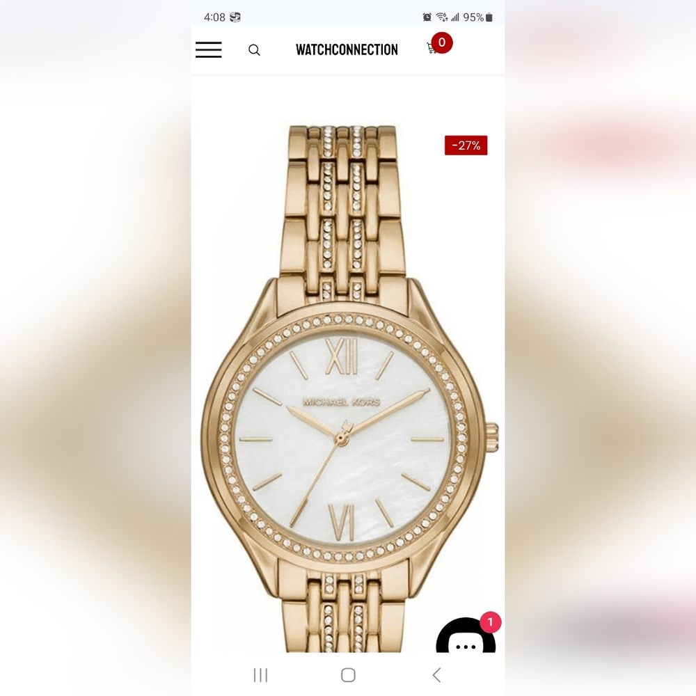 MICHAEL KORS Gold Watch With Pave Crystals 34mm Works Great just Needs battery